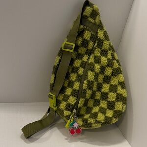 NOBO NO BOUNDARIES Green Checkerboard Sherpa Sling Bag with cherry key chain